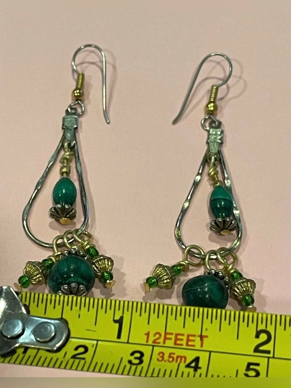 Vintage Malachite Bead Gold & Silver Tone Pierced Dangling Earrings #7310
